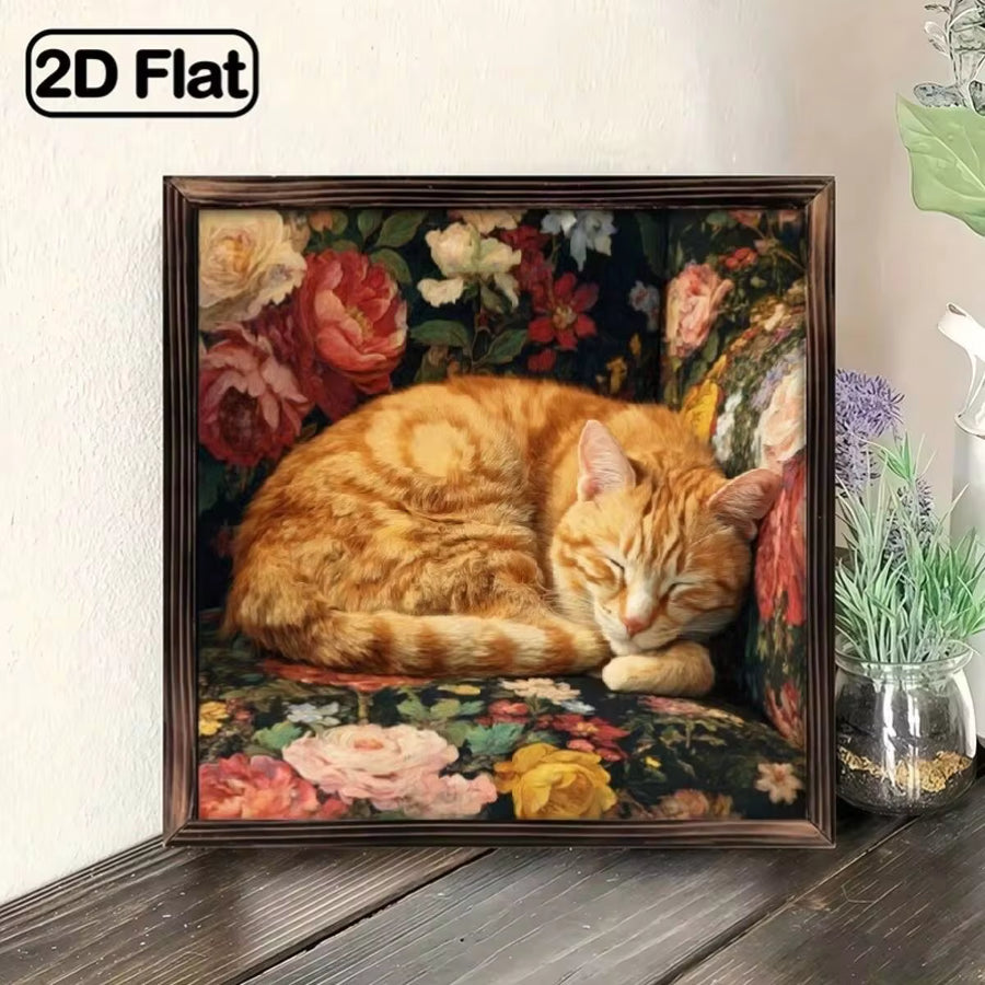 1 Vintage-Style Wooden Wall Art Piece - Sleeping Orange Cat And Floral Farmhouse Decor, 8x8inch Vibrant Ginger-Colored Cat Blooming Among The Flowers, Easy To Hang, No Tools/Power Required, Natural Wood Grain Texture, Suitable For Bedroom